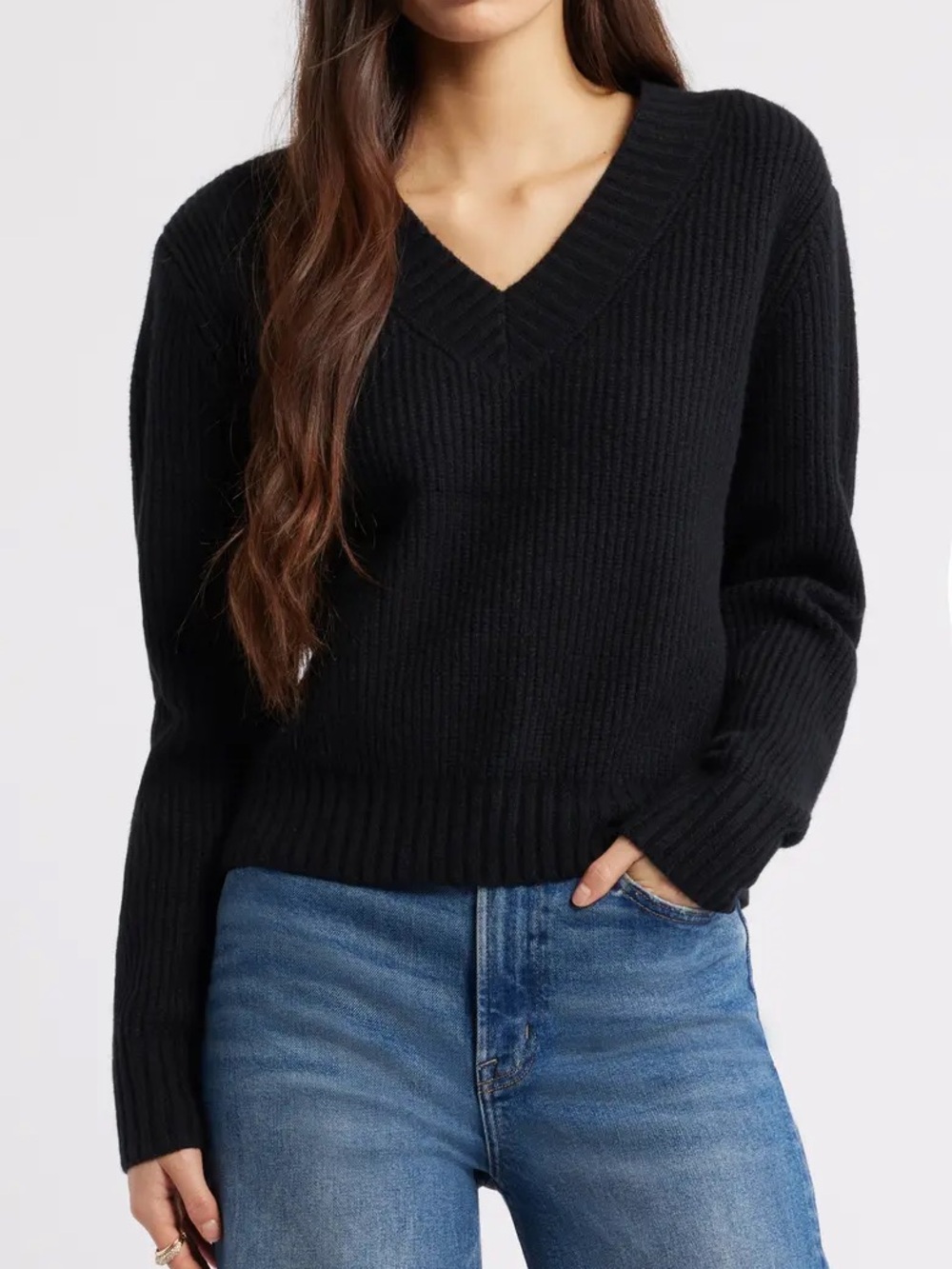 DIVIDED H&M Black V-Neck Ribbed Sweater for Women